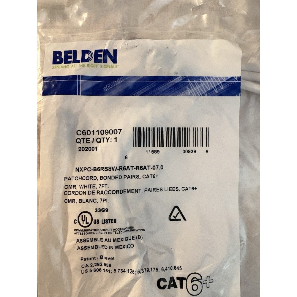 NEW Belden 7FT CAT 6+ Bonded Pair Patchcord 16 White 1 Blue SEALED C601109007